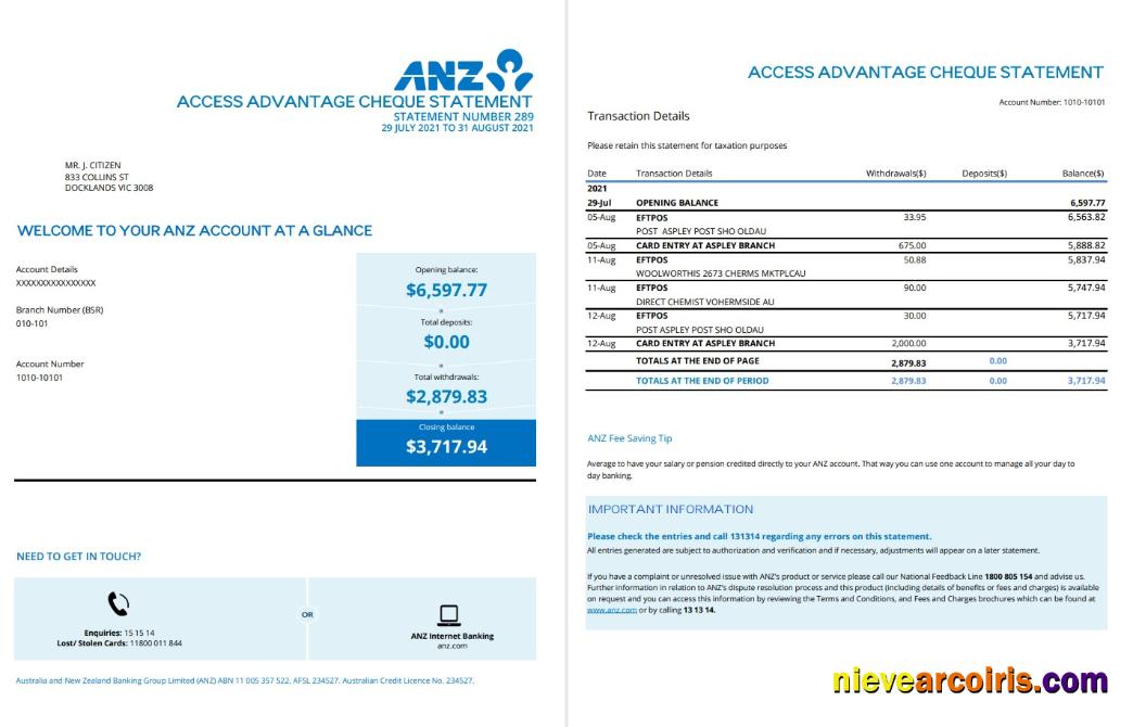 Australia ANZ proof of address bank statement in .xls and .pdf format, 2 pages